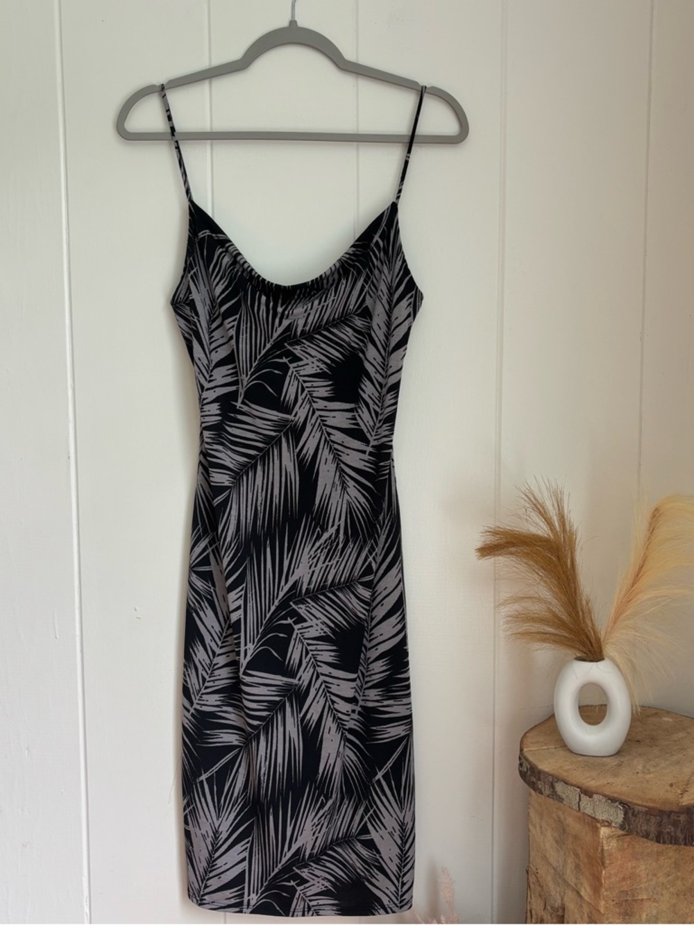Papermoon Black and Gray Palm-Print Midi Dress